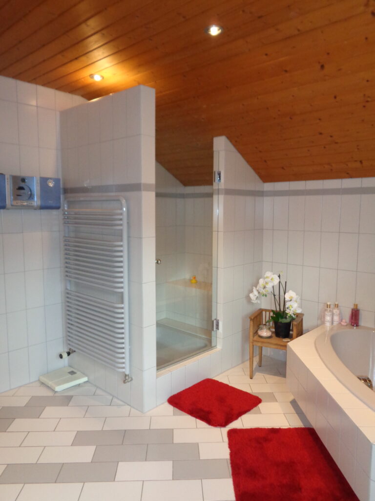 Vorher: Dachgeschoss-Bad mit Holzdecke, kleinen weißen Fliesen, enger Duschkabine mit Duschwanne und erhöhter Eckbadewanne.