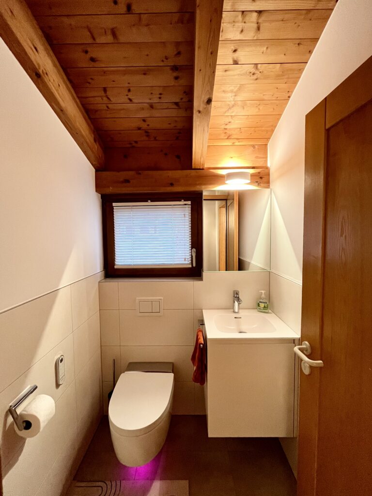 Nachher: kleines Gäste-WC mit Dusch-WC, weißem Waschtisch mit Unterschrank, Spiegel und Holzbalkendecke.